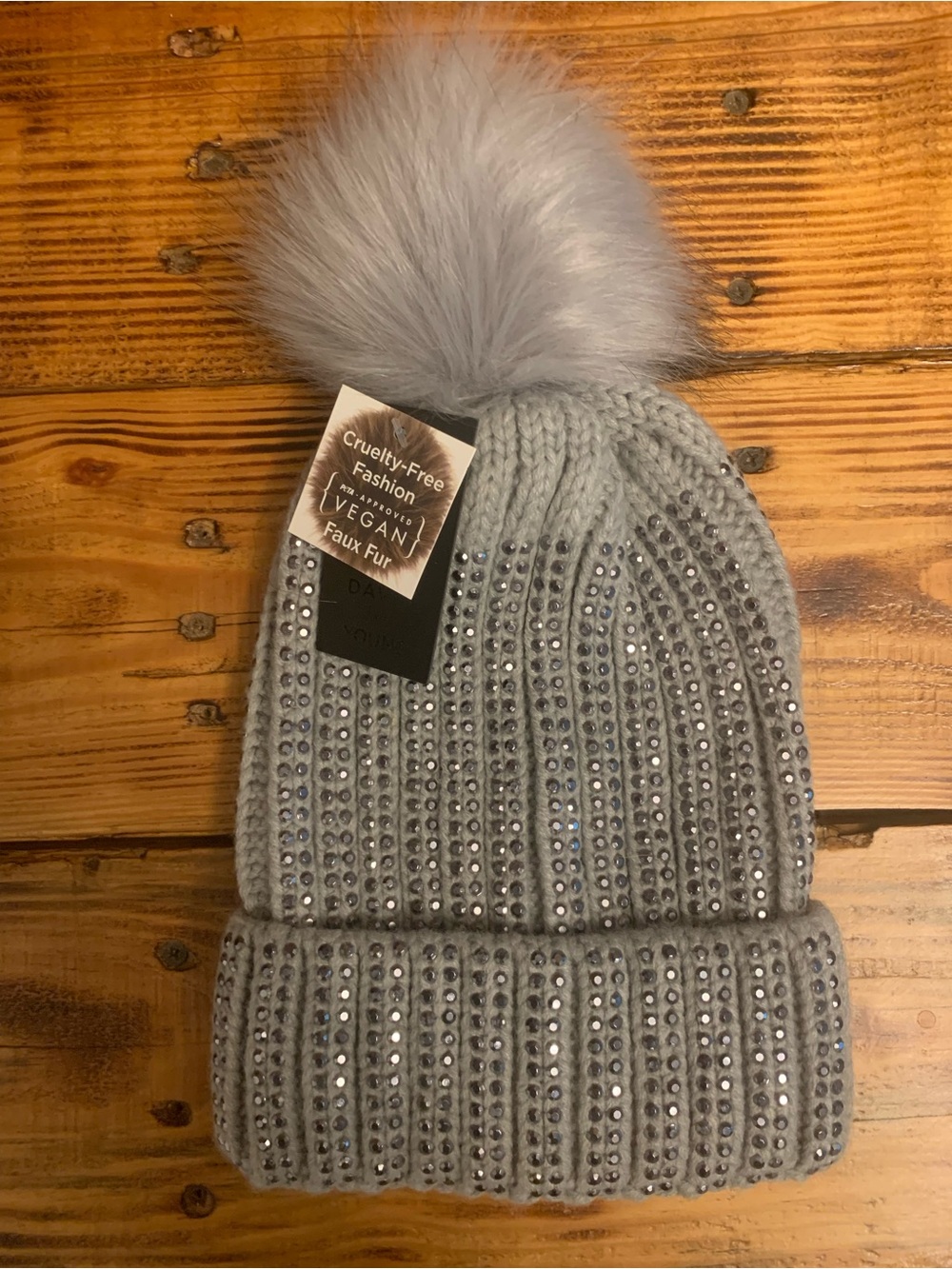David and Young Grey Knit Beanie with Faux Fur Pom and Rhinestones